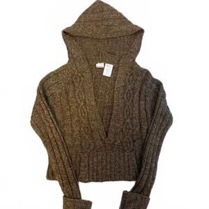 No Boundaries Juniors Brown Marl Hooded Cable Knit Sweater M